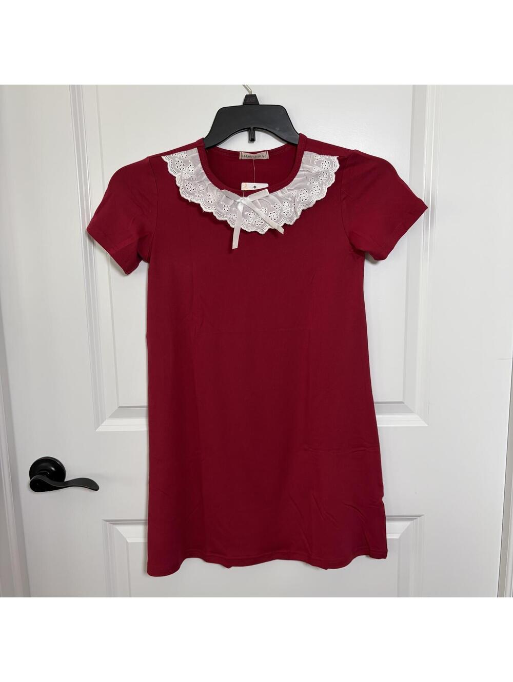 Girls Burgundy Short Sleeve Top with White Lace Collar Size 140